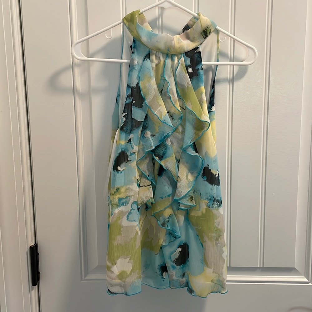 BCX Abstract Watercolor Ruffle Halter Top Tie-Neck on Back in Small
